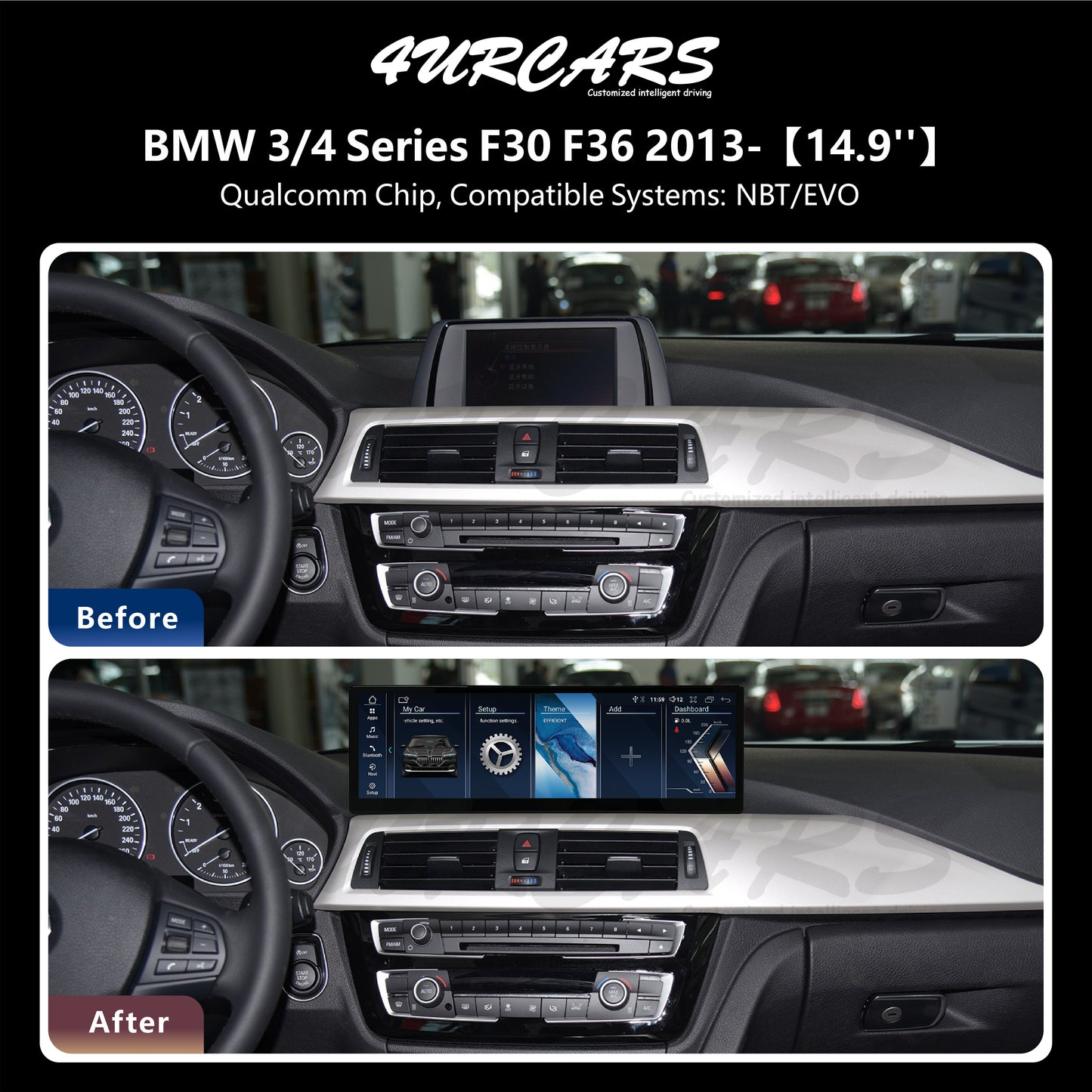 Crzcar free shipping 2560*720 BMW 3 Series 4 Series F30 F36 14.9″ Android Touch Screen Built-in Wireless Apple CarPlay  Android Auto