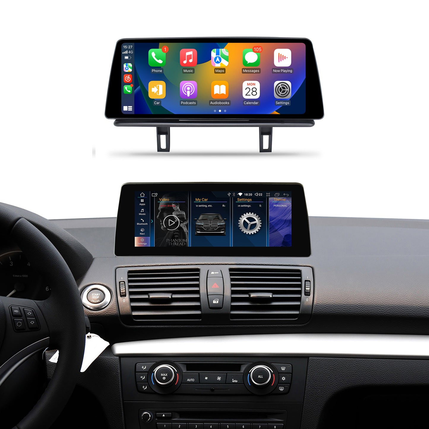 1920*720 BMW 1 Series E81 E82 E87 E88 OEM FIT REPLACEMENT 10.25″ Android Touch Screen | GPS | WIFI | BT | Built-in Wireless Apple CarPlay  Android Auto
it is totally plug and play, it has the same plugs and harness as original BMW system. 
-do not need to program your car when installation, totally plug and play. 
- do not need to buy anything else to make it work. 
-can still check the original BMW  car info as before